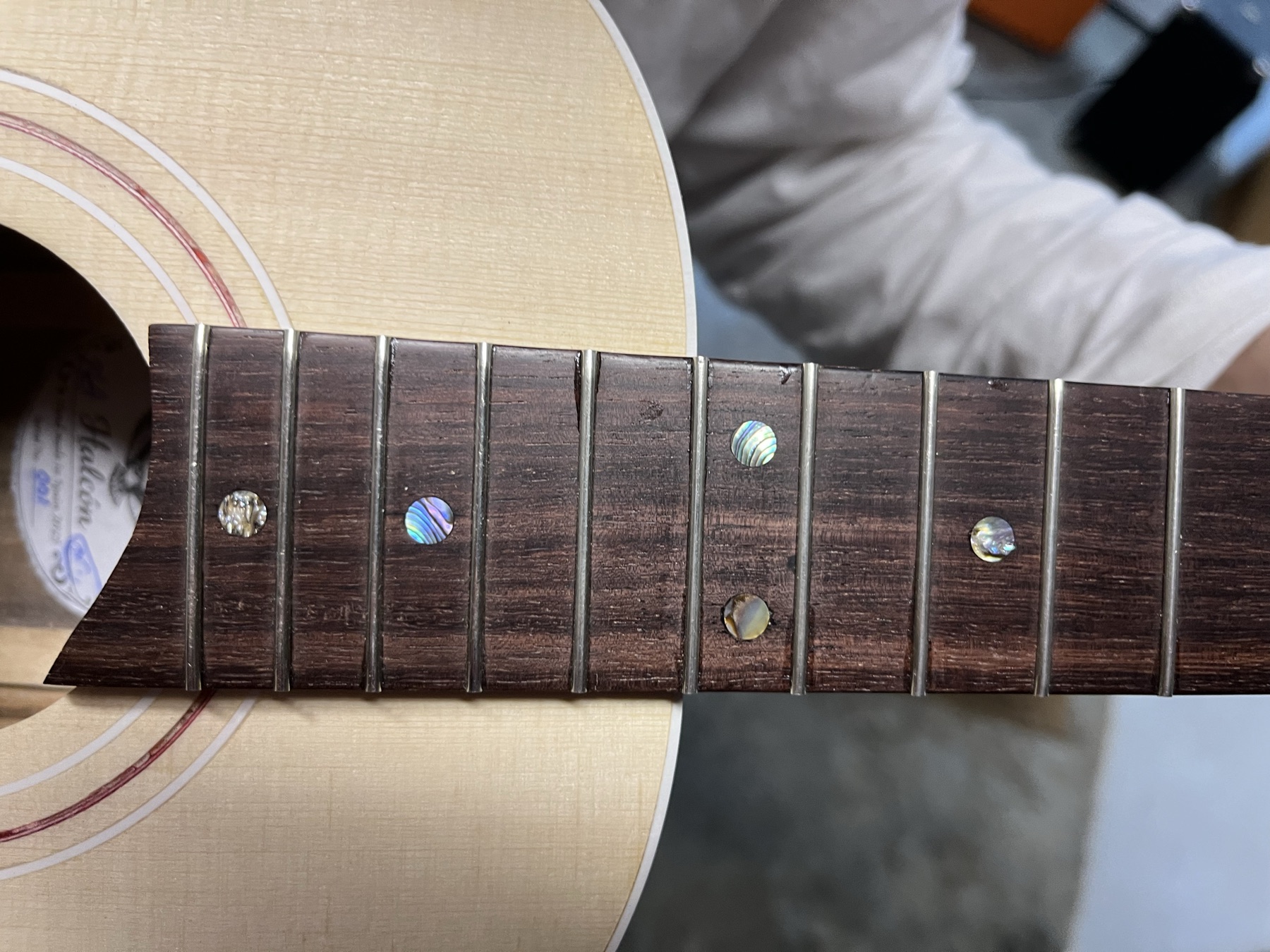 Rosewood fretboard with abalone dot inlays, close-up