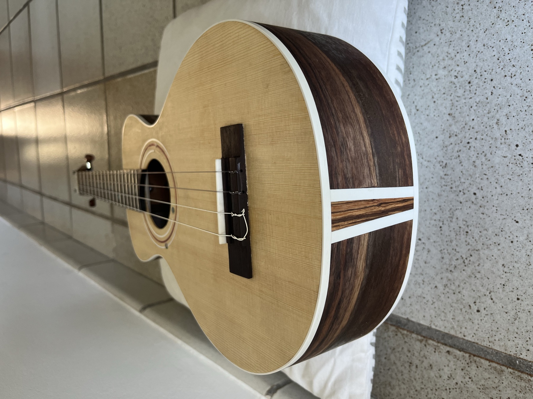 Concert ukulele with striped rosewood sides and spruce top